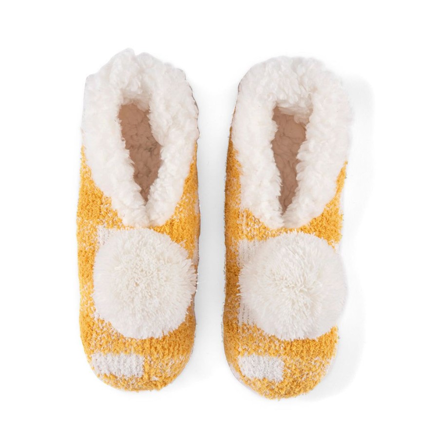 Shiraleah Shiraleah Chlo Plaid Knit Slippers With Pom, Yellow | Women Slippers