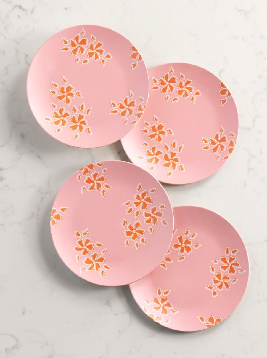 Shiraleah Shiraleah Primavera Set Of 4 Block Print Appetizer Plates, Pink | Home